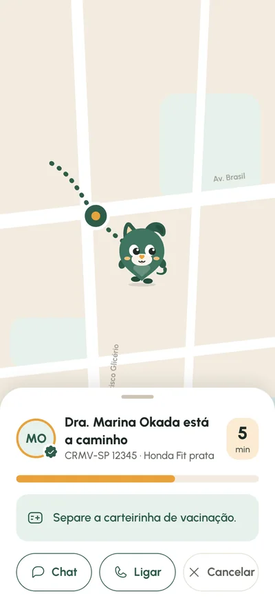 Mapa mostrando a rota da veterinária a caminho e o tempo estimado de chegada