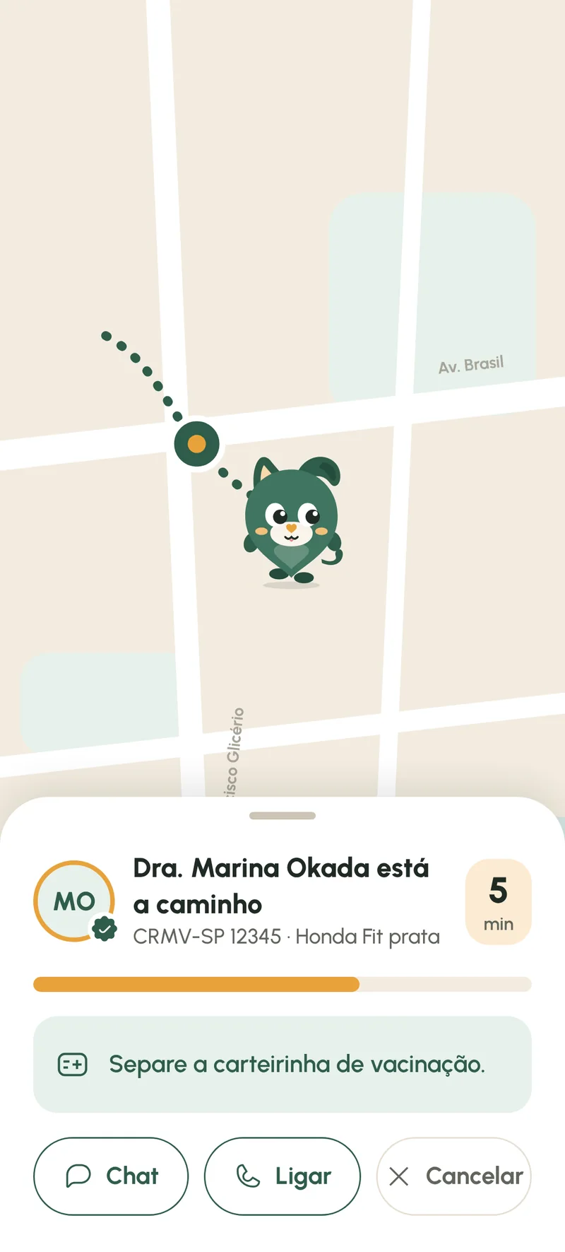 Mapa mostrando a rota da veterinária a caminho e o tempo estimado de chegada