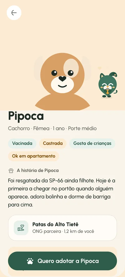 Tela Perfil do pet: História, tags e a ONG