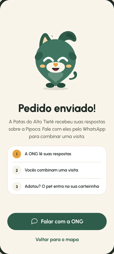 Tela Pedido enviado: Direto para o WhatsApp da ONG