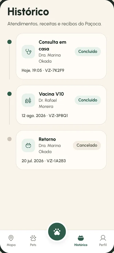 Tela Histórico: Atendimentos, receitas e recibos