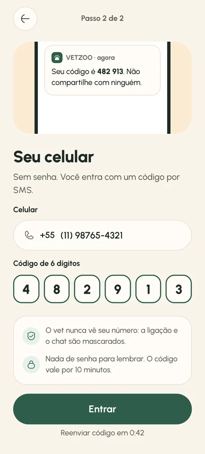 Tela de login com o código de 6 dígitos preenchido automaticamente pelo SMS