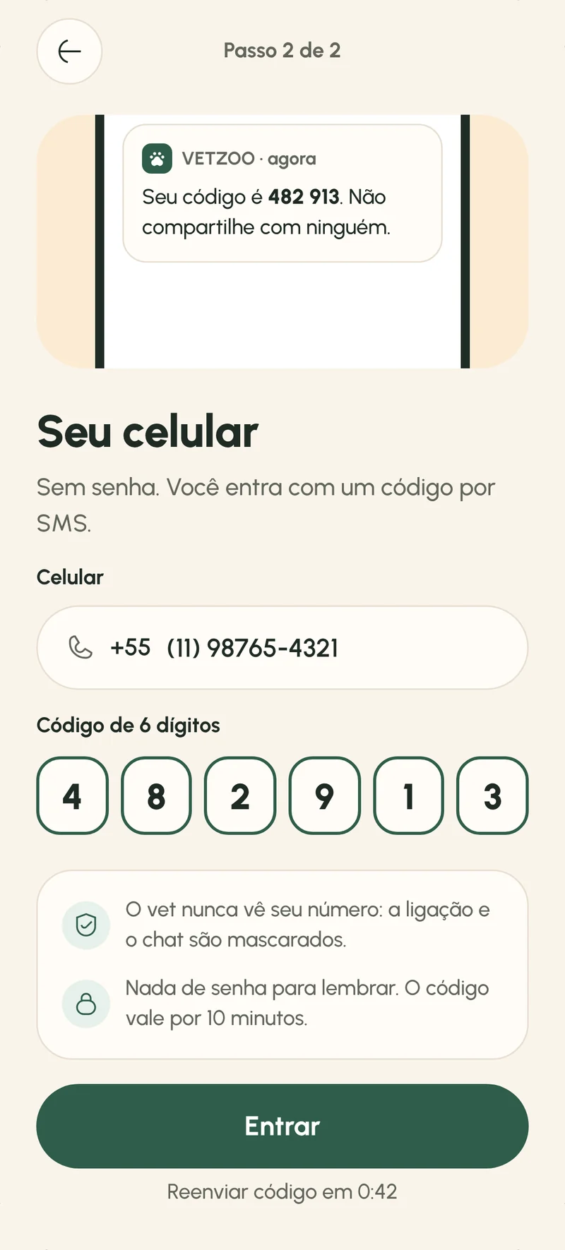 Tela de login com o código de 6 dígitos preenchido automaticamente pelo SMS
