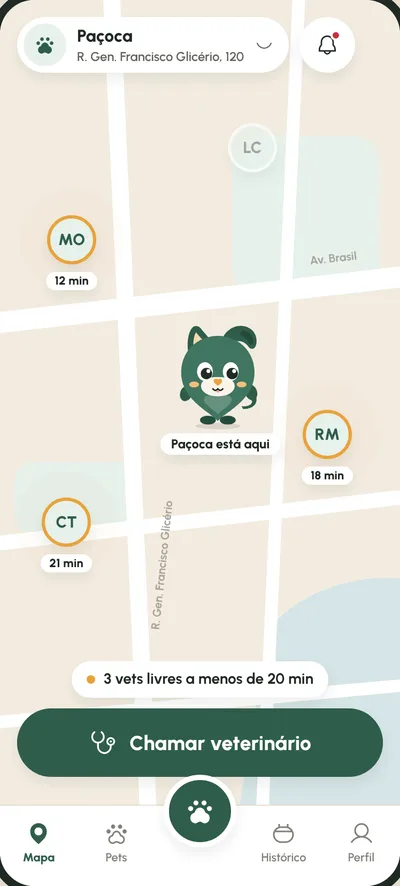 Tela do Mapa Vivo com veterinários disponíveis perto da casa do pet