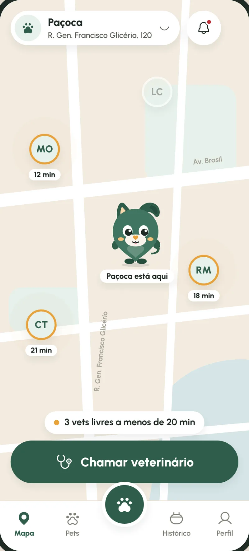 Mapa com veterinários disponíveis ao redor da casa do pet e o tempo de chegada de cada um