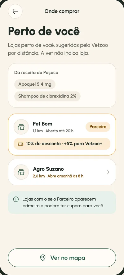 Tela Onde comprar: Pet shops perto, parceiros primeiro