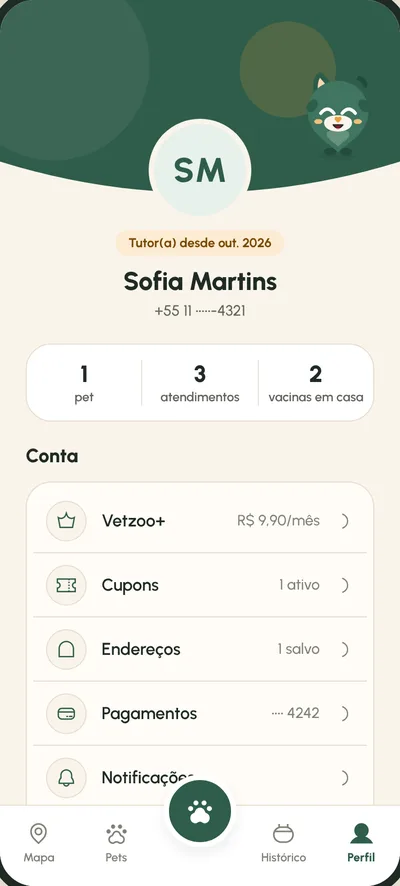Tela Perfil: Conta, Vetzoo+ e Vetzoo Pro