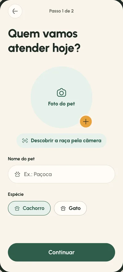 Tela do app perguntando quem vamos atender hoje, com foto, nome do pet e espécie