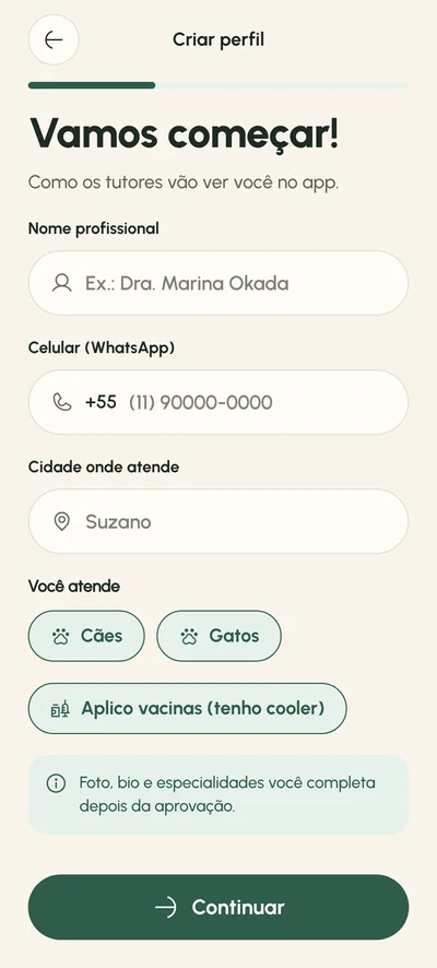 Tela Cadastro: Envie seus dados profissionais