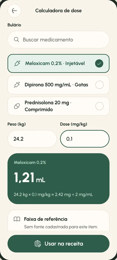 Tela Calculadora de dose: A conta inteira, para conferir