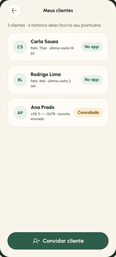 Tela Meus clientes: Convite por SMS (Pro)