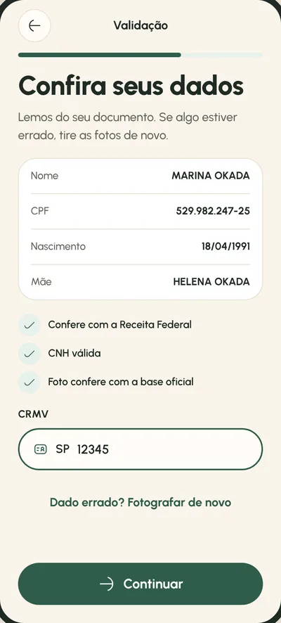 Tela Validação: Os dados vêm do documento