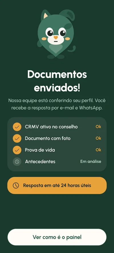 Tela Em análise: Acompanhe a análise do cadastro