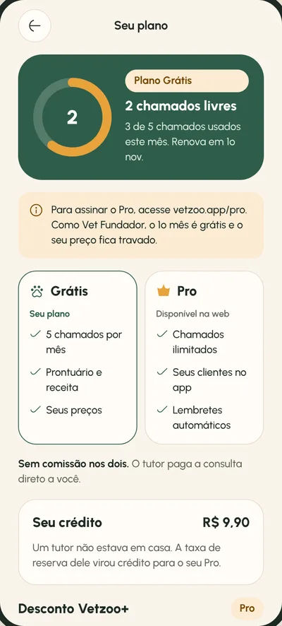 Tela Seu plano: Grátis com 5 chamados ou Pro