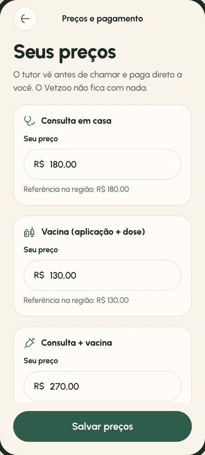 Tela Seus preços: O tutor vê antes de chamar