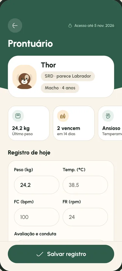 Tela Prontuário: Histórico e registro de hoje