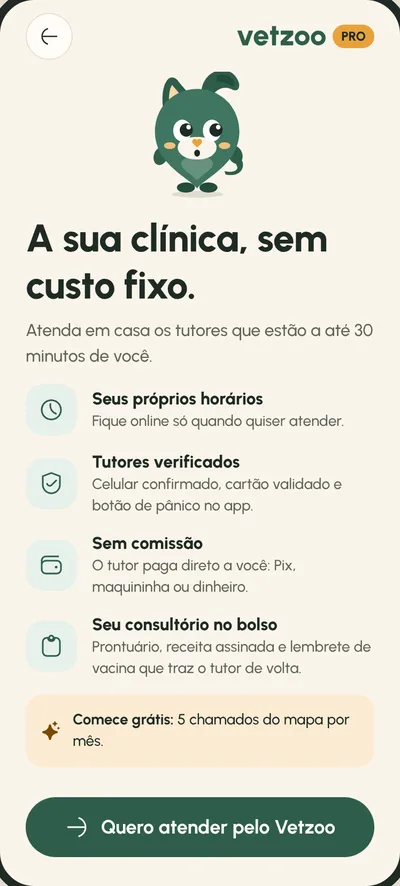 Tela Para veterinários: Atendimento em casa, sem comissão