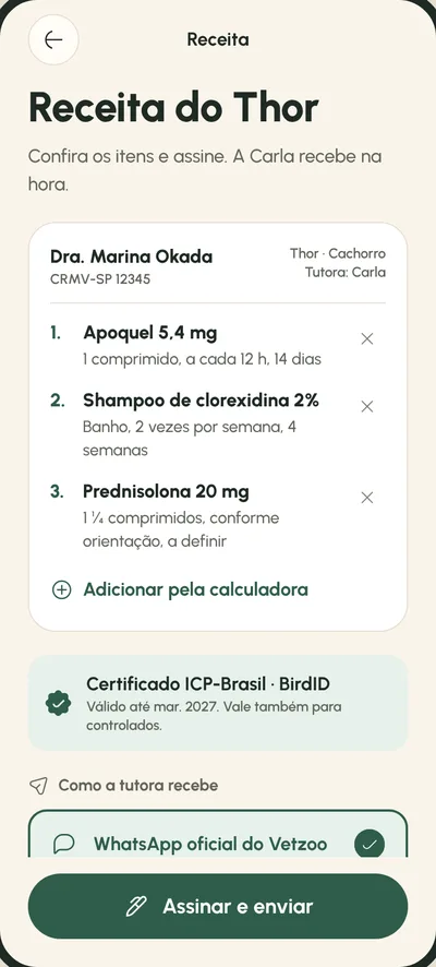 Tela Receita digital: Assinada e enviada pelo Vetzoo